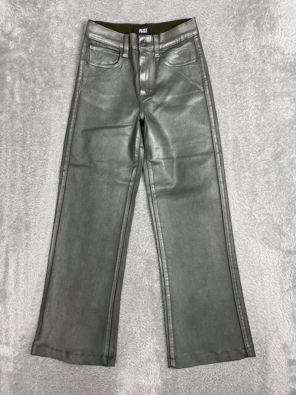 Paige Leenah Wide Leg Jeans Womens 25 Green Metallic Coated High Rise Stretch
